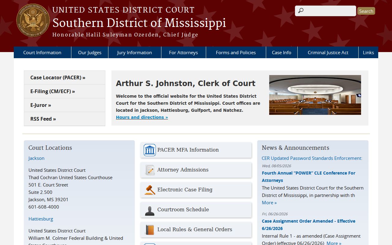 Southern District federal court dockets in Mississippi