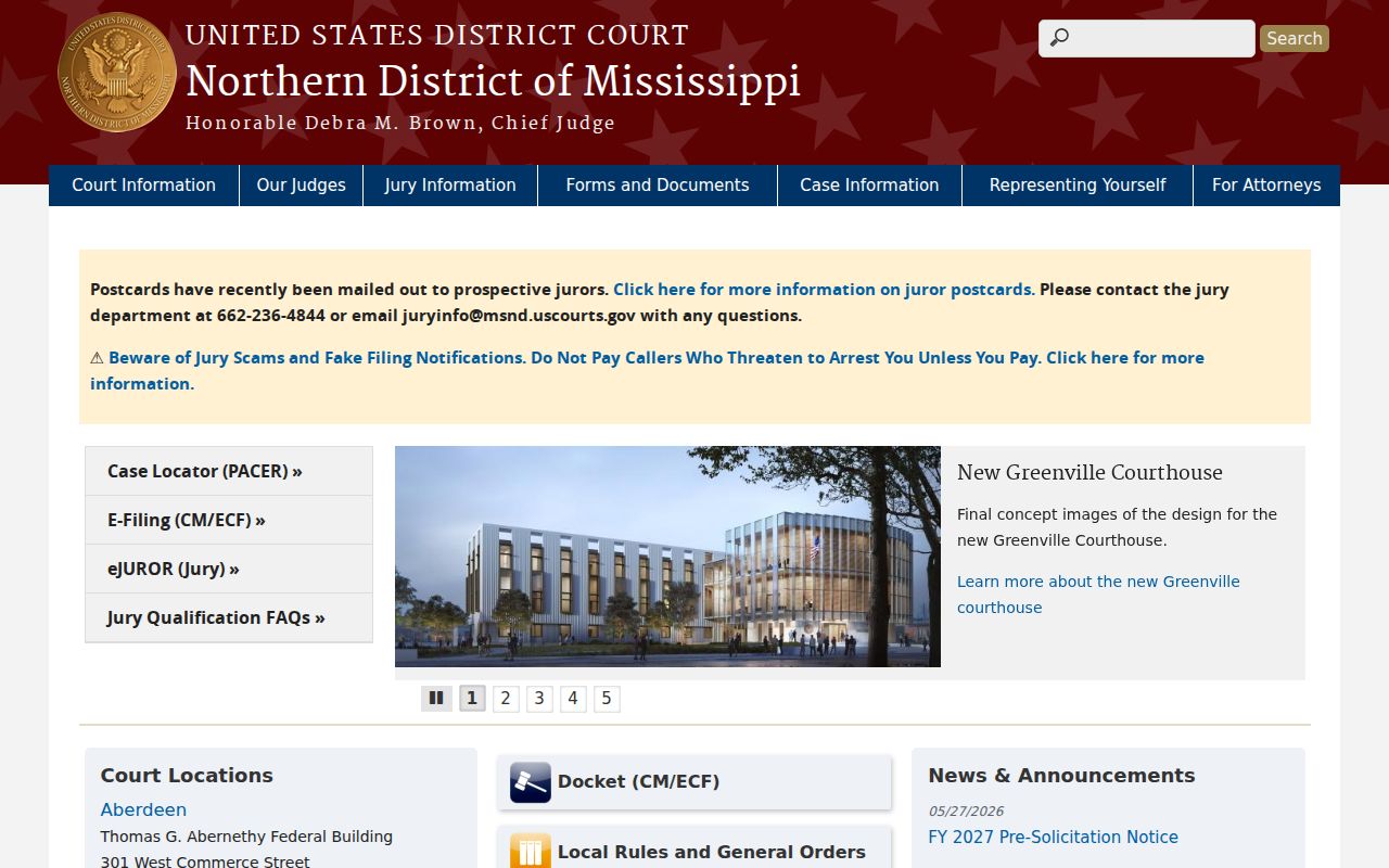 Northern District federal court dockets in Mississippi