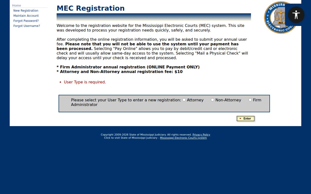 Mississippi court records PAMEC public registration gateway