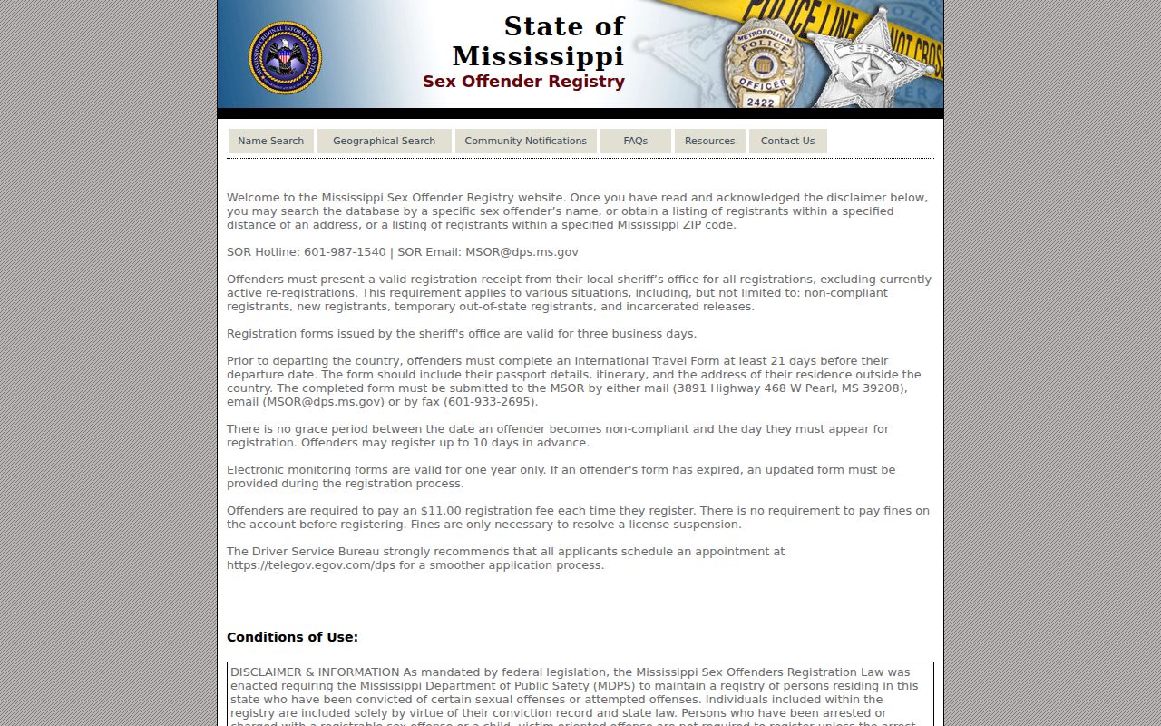 Mississippi criminal court records and Sex Offender Registry search