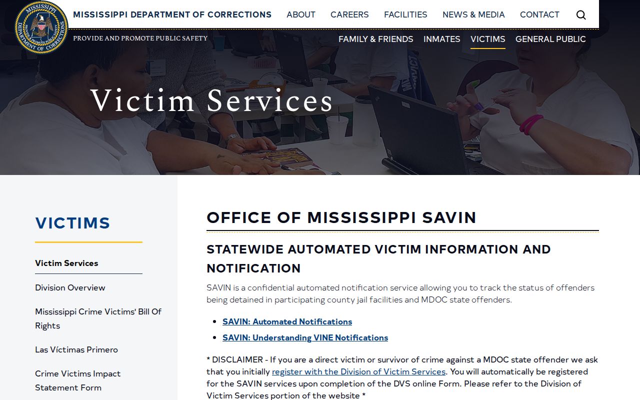 Mississippi inmate records SAVIN VINE notification service