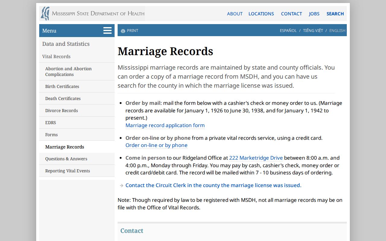 Mississippi marriage records ordering and county fallback