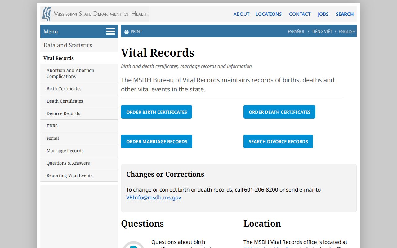 Mississippi marriage and divorce records Bureau of Vital Records menu