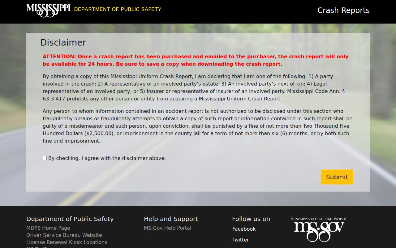 Mississippi warrant records and separate official crash report service